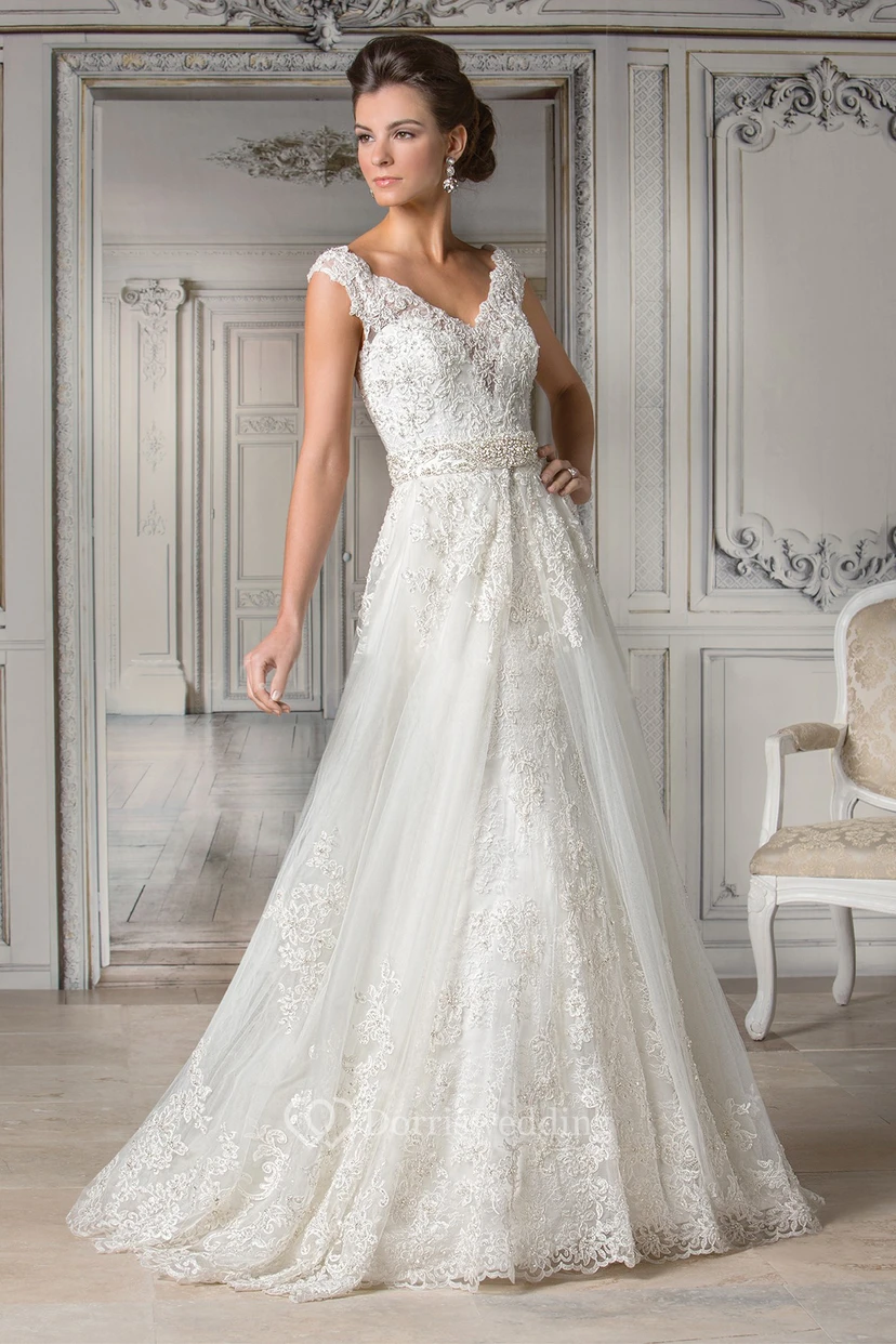 V-Neck Cap-Sleeved A-Line Gown With Appliques And Illusion Back
