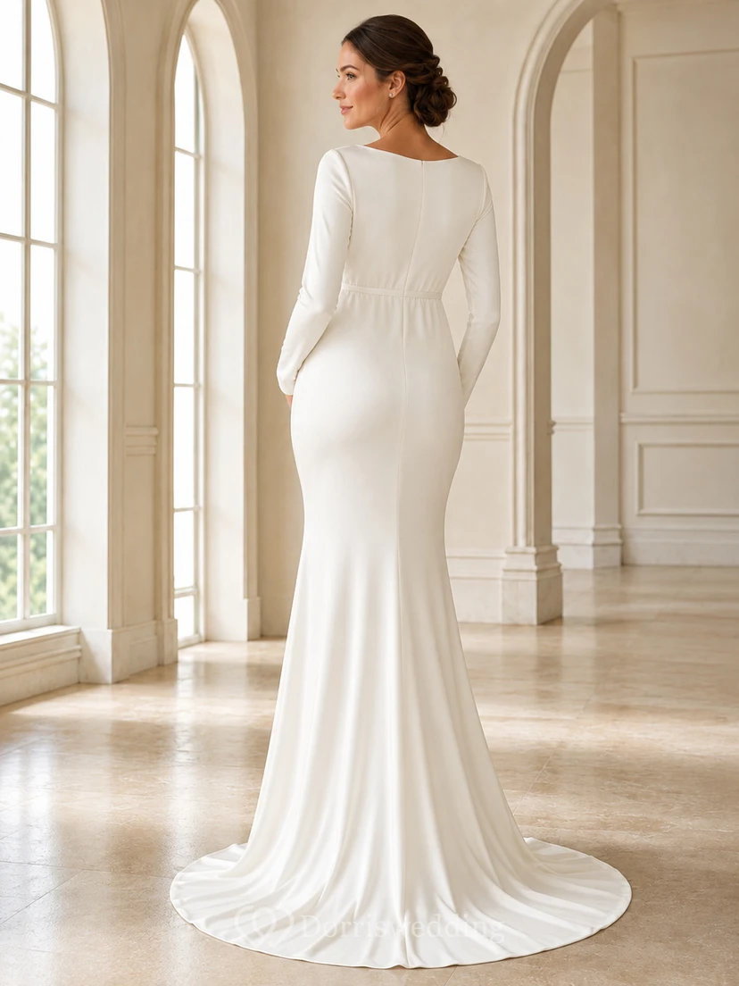 Maternity Minimalist Bateau Long Sleeve Satin Sheath Sweep Train Modest Wedding Dress view 2