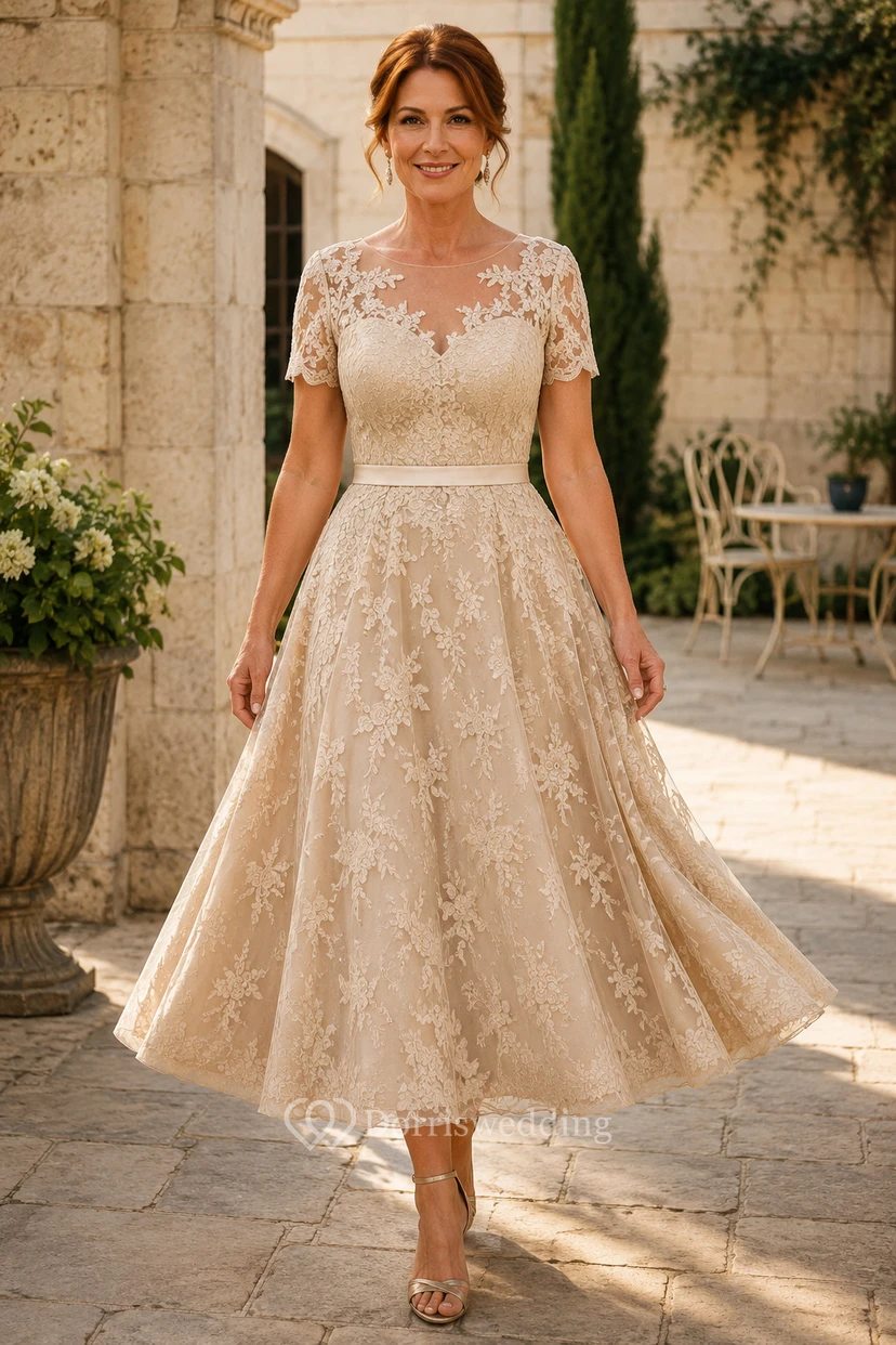 Robe MOB en dentelle champagne et tulle, coupe trapèze, manches courtes, encolure bateau, longueur thé
