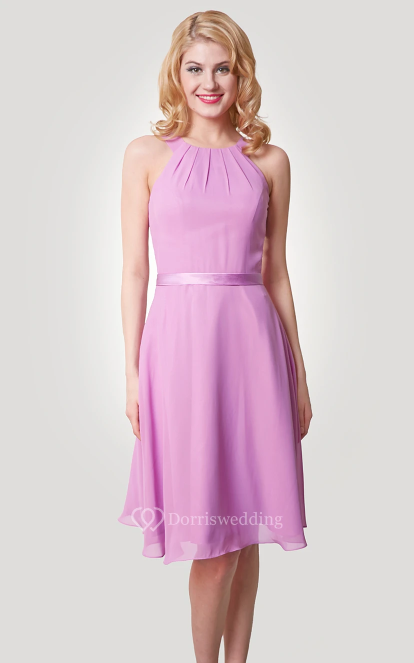 Chiffon Knee Length A-Line Dress With Straps and Satin Bow Sash view 5