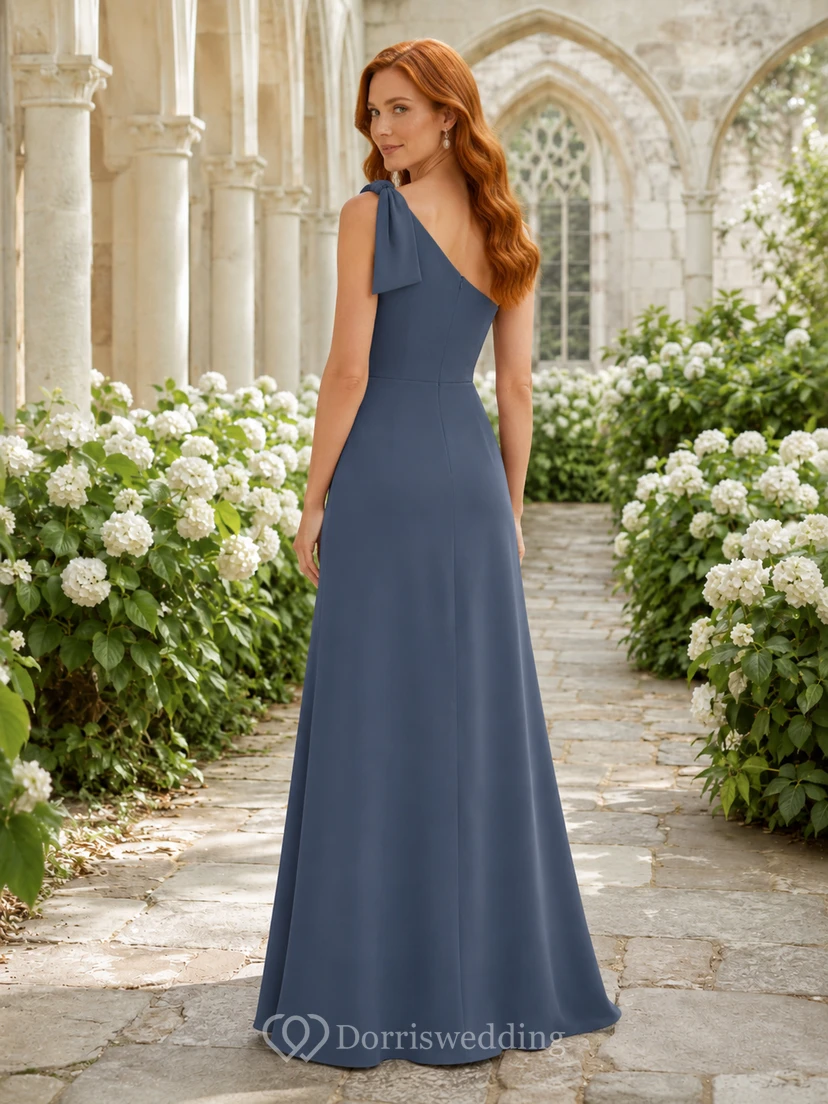 Chapel Ceremony Formal Steel Blue Elegant Modern Sexy Sheath Satin Bridesmaid Dress with One-Shoulder Sleeveless Floor-Length Slit Skirt Open Back view 2