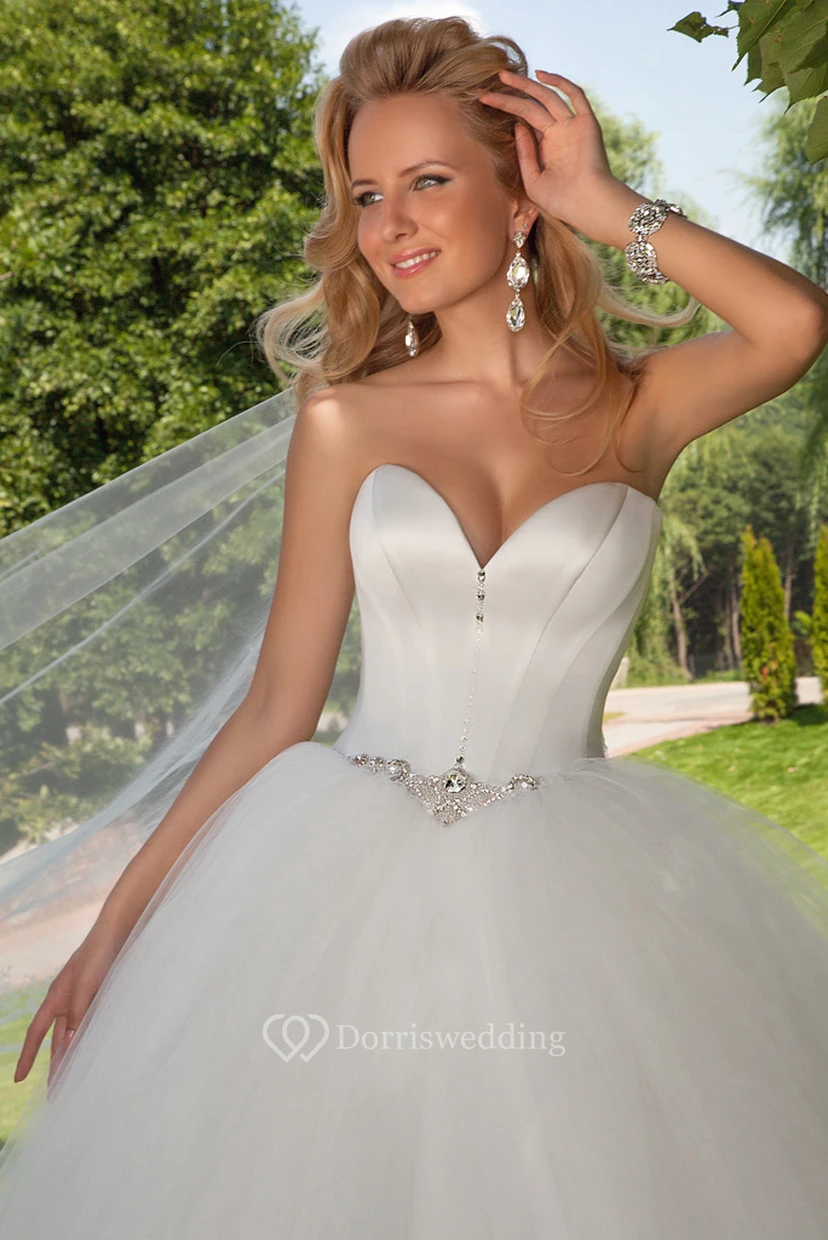 Long Sweetheart Jeweled Tulle Wedding Dress With Chapel Train And Corset Back view 3