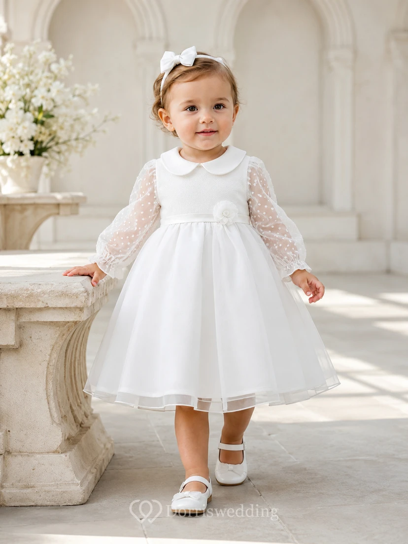 Modern Modest Baby Baptism Christening Ceremony Dress A-Line Tea-Length Jewel Neck Long Lace Sleeve Satin Lace Bow Back Button Back