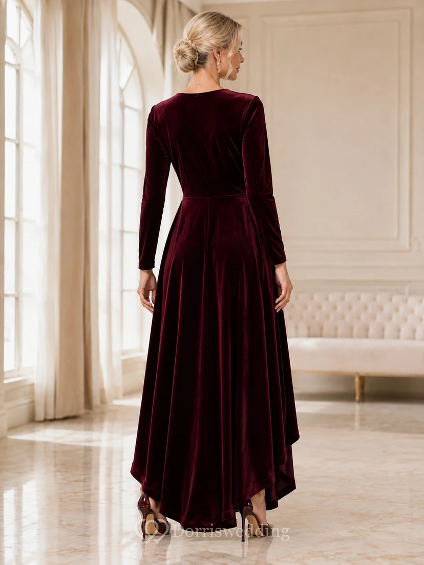 Elegant Burgundy V-Neck Long Sleeve Velvet A-Line High-Low Formal Dress view 2
