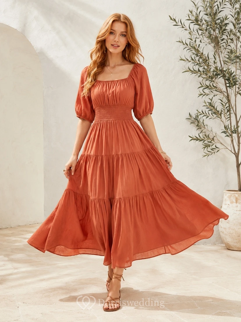 Orange Square-Neck Short Puff-Sleeve Tiered Chiffon A-Line Floor-Length Dress