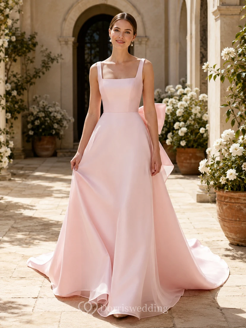 Pearl Pink Square Neck Satin A-Line Bow Back Cathedral Wedding Gown