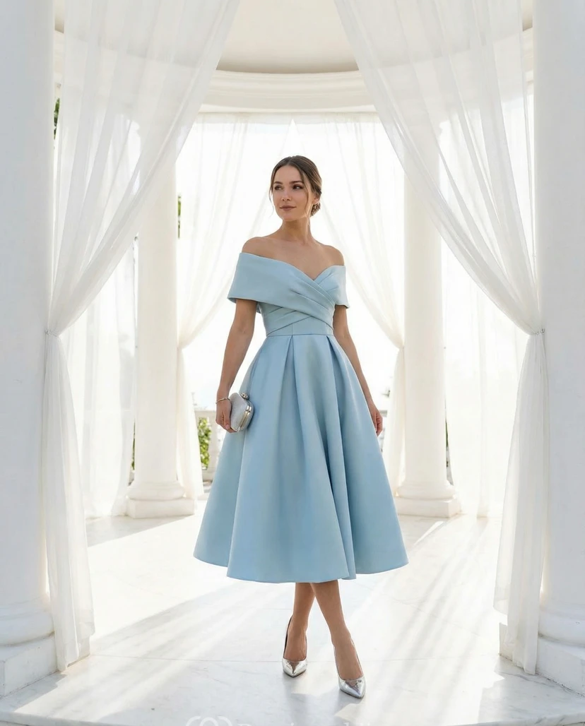 Robe sans manches en satin, longueur thé, croisée sur le devant