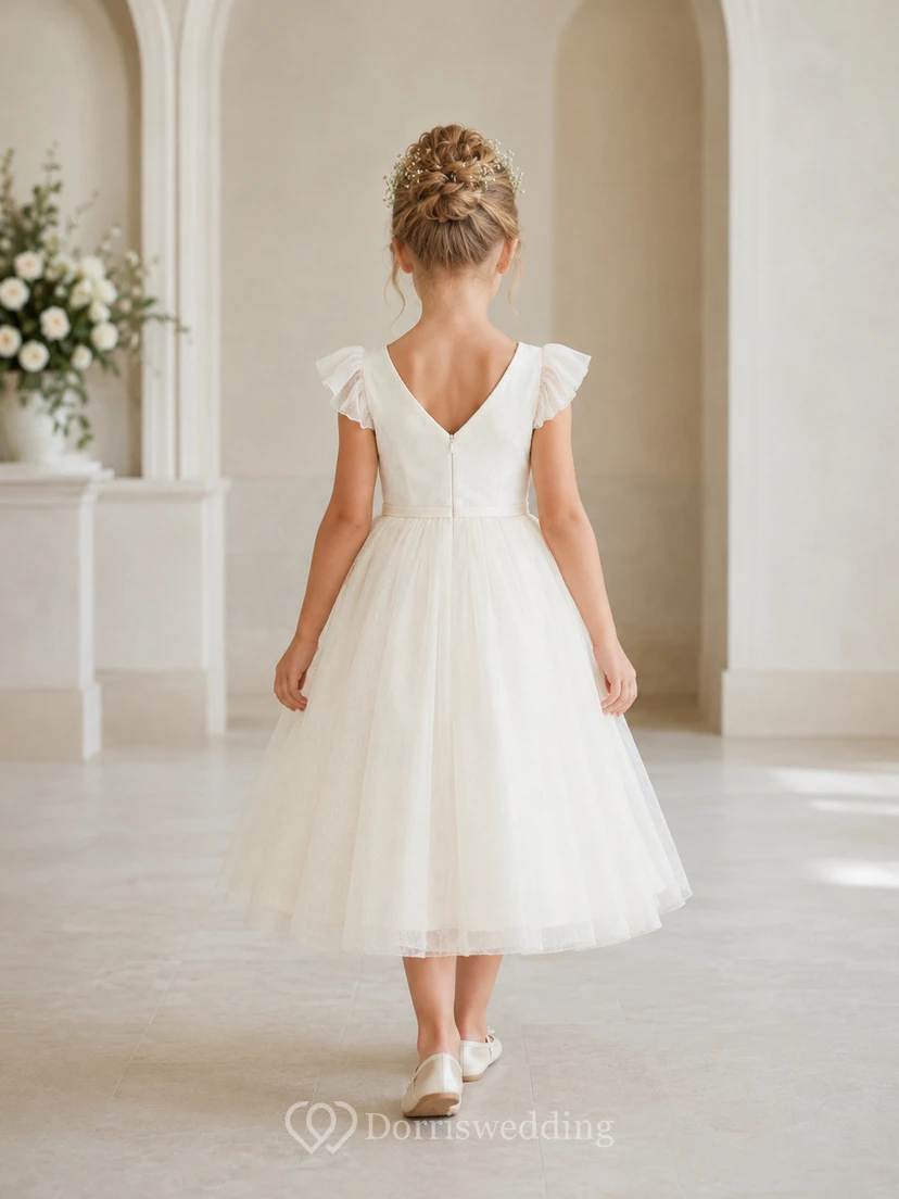 Robe de demoiselle d'honneur blanche en tulle et satin, coupe trapèze, manches courtes, décolleté en V et jupe mi-longue ornée d'un nœud. view 2