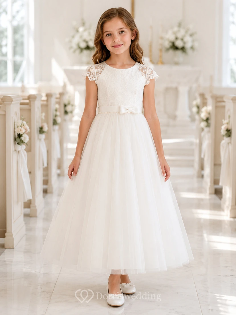 Vestido de niña de las flores, corte A, blanco, para Primera Comunión, encaje, tul, lazo, formal.