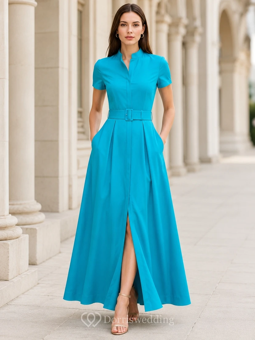 Vestido formal largo hasta el suelo de gasa turquesa sencilla con mangas cortas y corte en A.