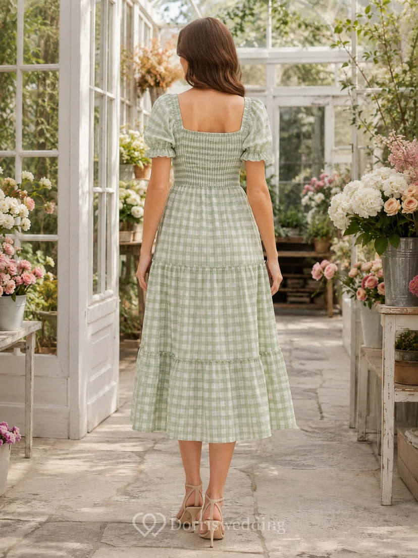 Sage Gingham Smocked Square Neck Puff Sleeve Midi Dress view 2