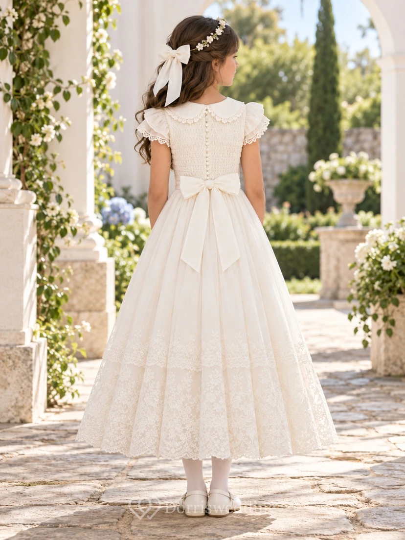 Ivory Scalloped Collar Smocked Lace Cap Long First Communion Dress view 2