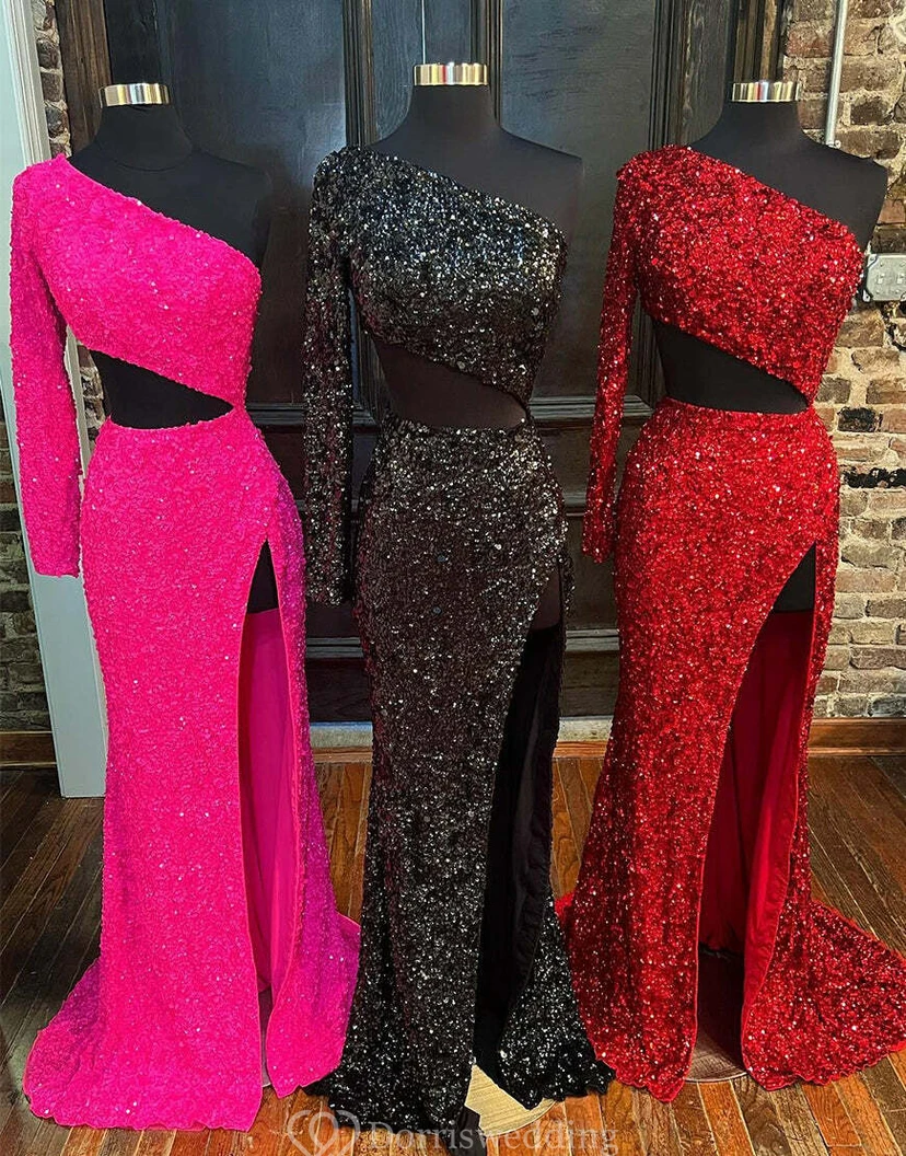 Robe deux-pièces rouge vif à une épaule et sequins view 7
