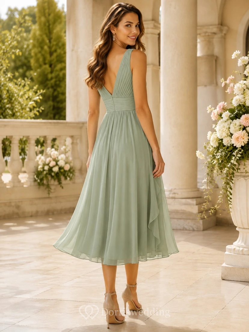 Romantic Sage V-neck Sleeveless Chiffon A-Line Tea-length Dress view 2