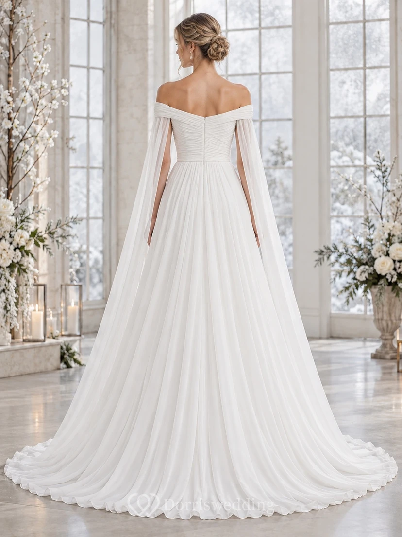 Schlichtes schulterfreies, plissiertes Chiffon-A-Linien-Hochzeitskleid mit Cape view 2