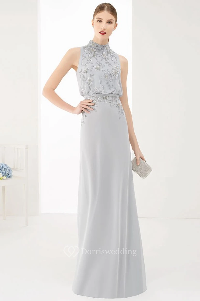 High Neck Sleeveless A-Line Chiffon Long Prom Dress With Neck Bow