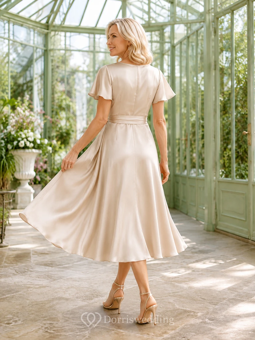 Champagne Vintage V-Neck Satin A-Line Tea-Length Mother of the Bride Wrap Dress with Flutter Sleeves and Tie Waist view 2