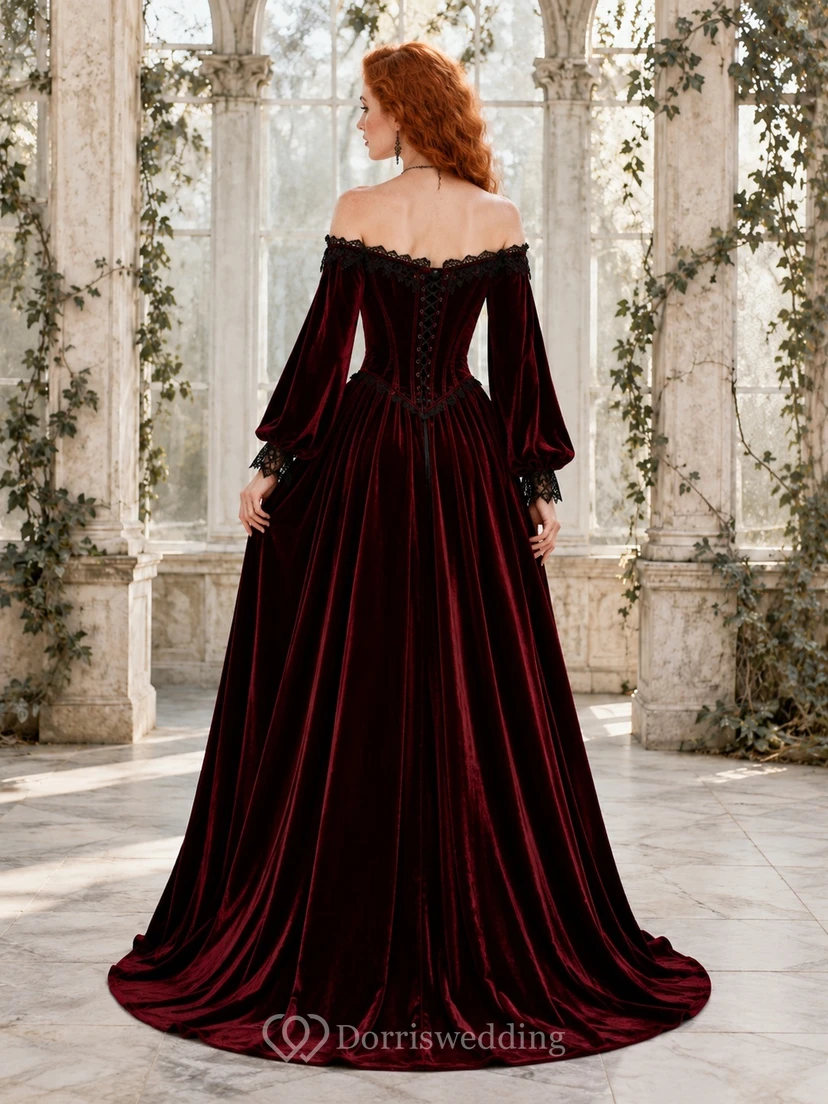 Vintage Burgundy Off-Shoulder Long Bell Sleeve Velvet A-Line Gothic Gown view 2