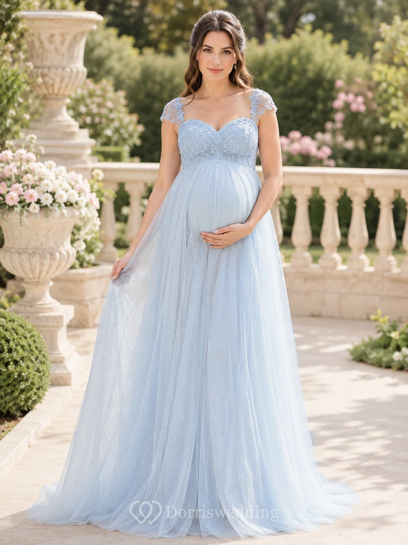 Blue Maternity Princess Scoop Neck Cap Sleeve Tulle Empire Wedding Dress