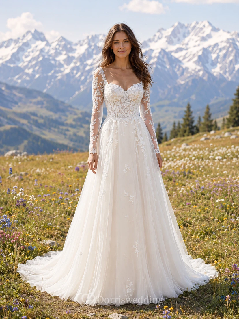 Brautkleid im Landhausstil mit Spitze, A-Linie, herzförmigem Schnitt, langen Ärmeln, Schleppe und tiefem V-Ausschnitt am Rücken