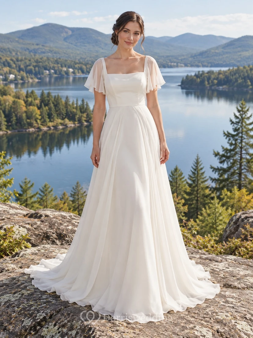 Brautkleid mit eckigem Ausschnitt, flatternden Ärmeln, Chiffon über Satin und A-Linien-Schleppe