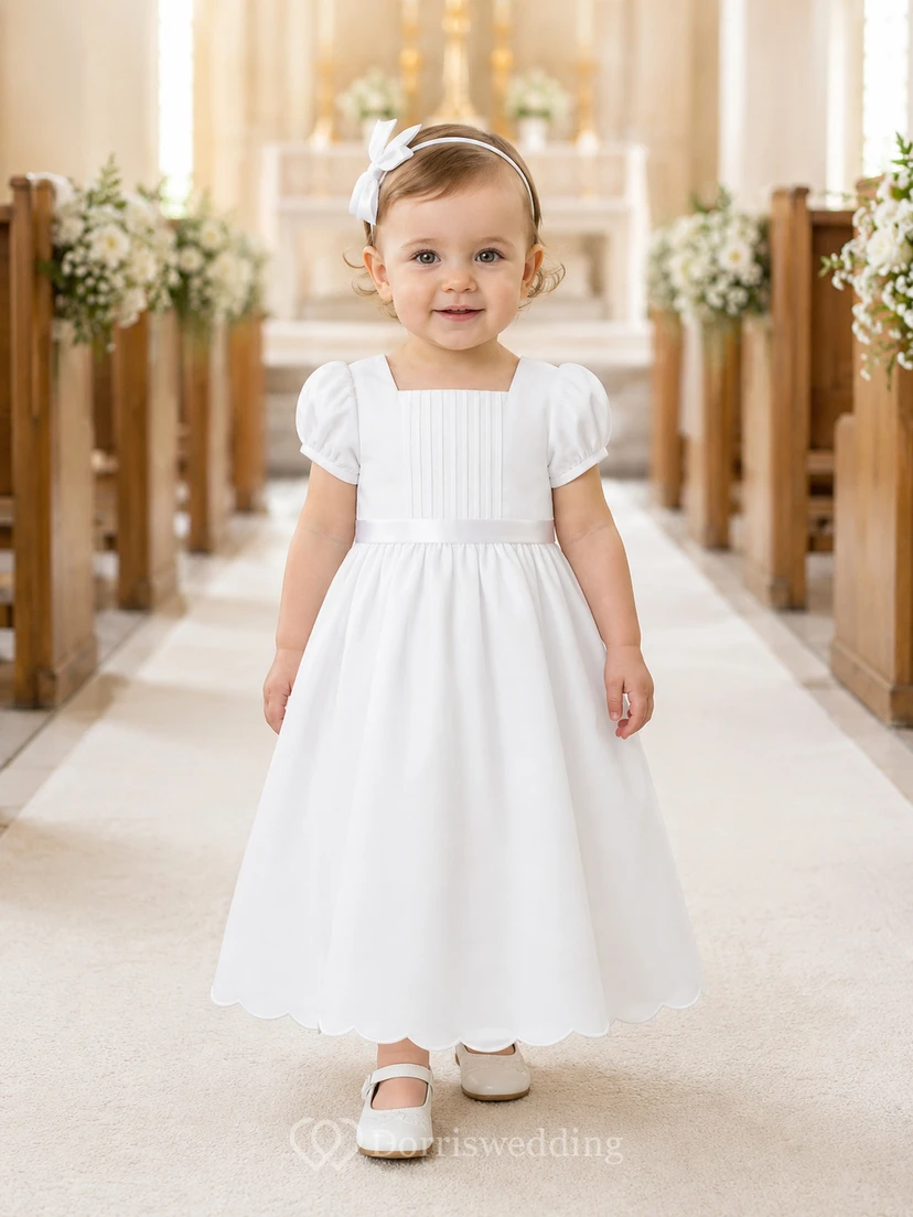 Schlichtes Taufkleid für Babys, A-Linie, Teelänge, Rundhalsausschnitt, Puffärmel, Satinschleife am Rücken, Knopfleiste am Rücken