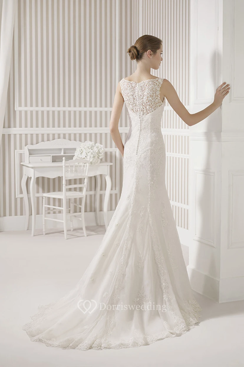 Sheath Long Sleeveless Bateau Lace Wedding Dress With Court Train And Illusion Back view 2