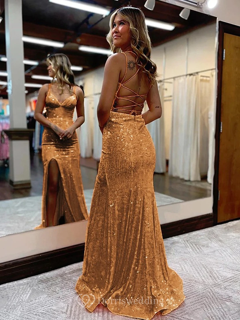 Sequin Front Split Spaghetti Sheath Casual Bling Prom Dress view 3
