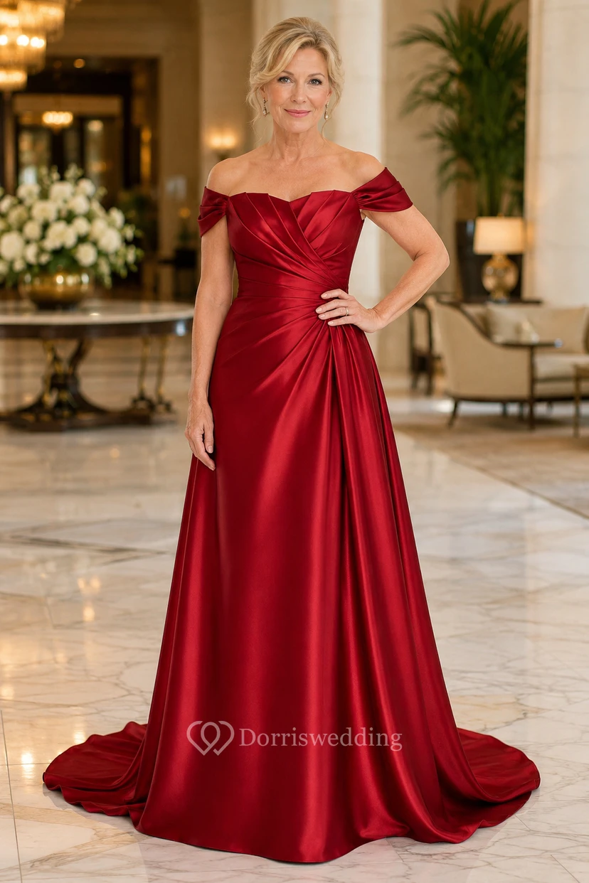 Mutterkleid aus rotem Satin, A-Linie, kurze Ärmel, schulterfrei, Schleppe, gerafft