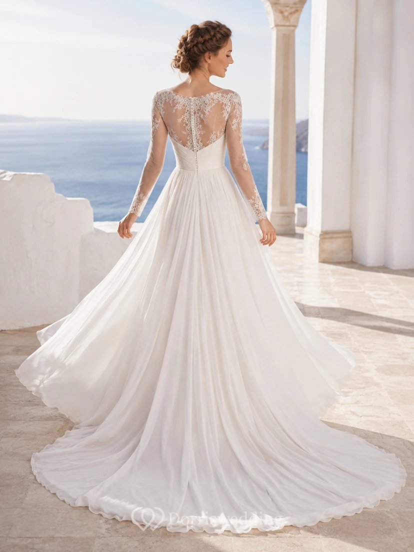 Robe de mariée bohème en dentelle à manches longues, coupe trapèze, dos illusion, style plage view 2