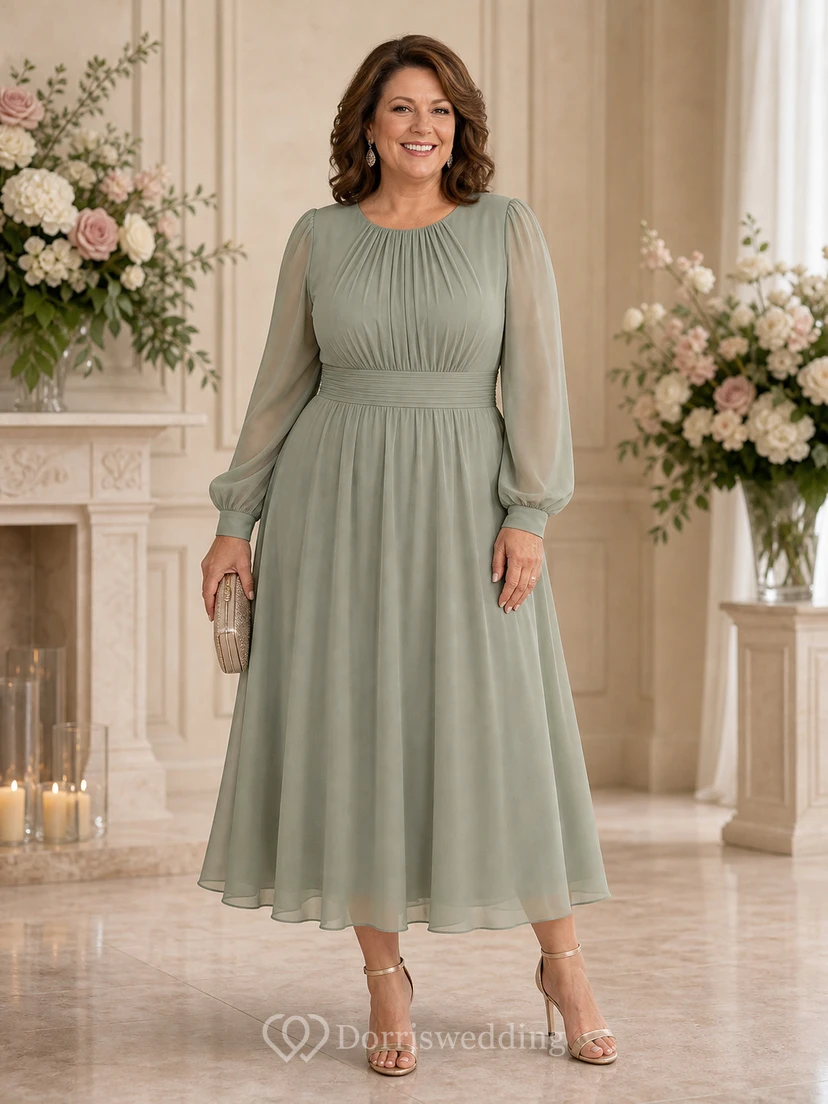 Jewel Neck Long Sleeve Chiffon Tea-Length Dress view 9