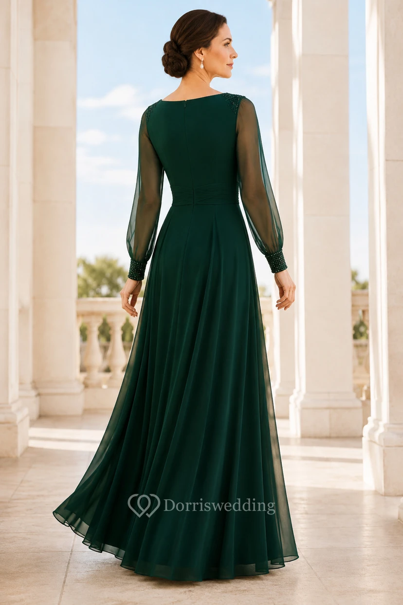 Dark Green Long Sleeve Chiffon A-Line Formal Dress view 2