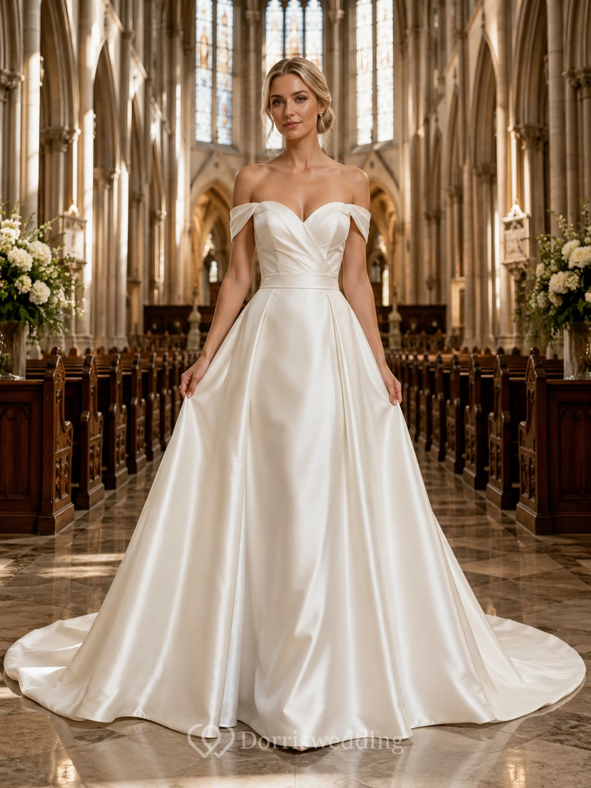 Off Shoulder Sweetheart Satin A Line Cathedral Train Wedding Dress