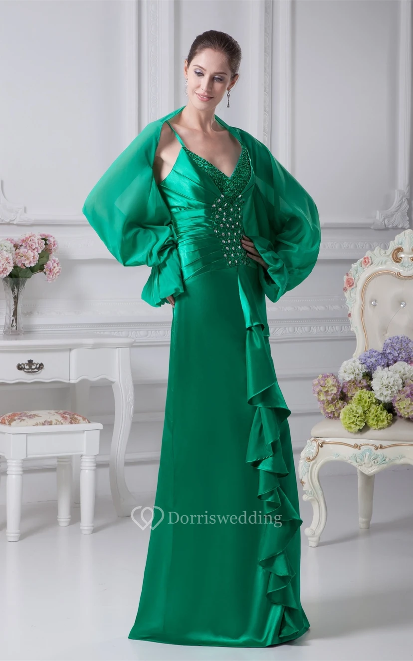 Spaghettiträger-Kleid aus Satin mit Raffungen, Kristallverzierungen und passendem Bolero view 2