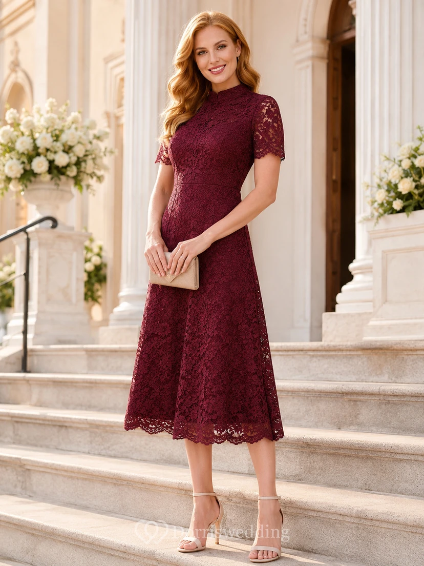 Burgundy High Neck Cap Lace Sleeve Keyhole A-Line Midi Guest Dress