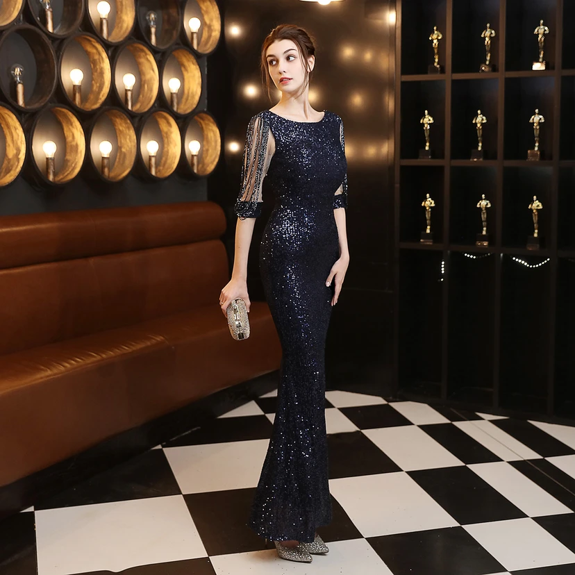 Vestido de noche elegante, largo, sin mangas, con lentejuelas y cola de sirena, estilo banquete. view 33