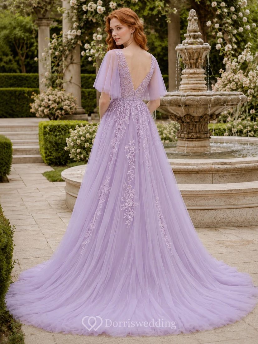 Lavendelfarbenes A-Linien-Brautkleid aus Tüll mit V-Ausschnitt, flatternden Ärmeln view 2