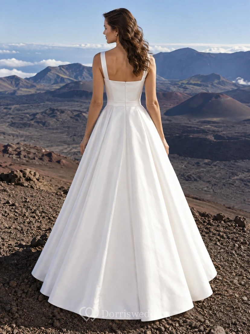 Simple Square Neck Sleeveless Smooth Taffeta A-Line Floor Length Wedding Dress view 2