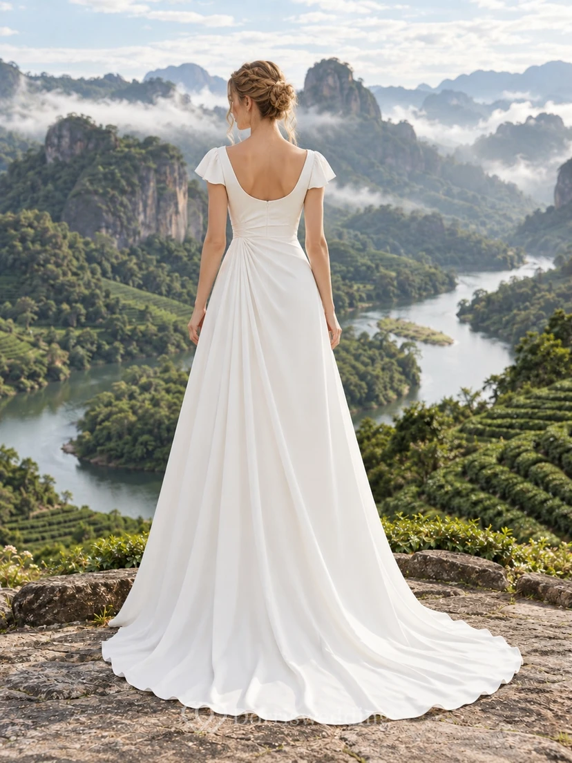 Vestido de novia sencillo y modesto con escote barco, mangas cortas y corte en A. view 2