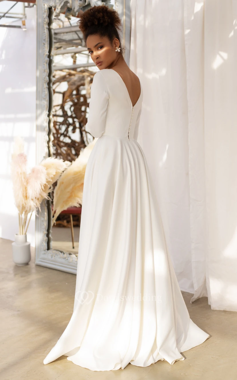 Langärmeliges, bodenlanges Brautkleid aus Satin mit Rundhalsausschnitt und tiefem V-Ausschnitt am Rücken – schlicht und elegant view 2