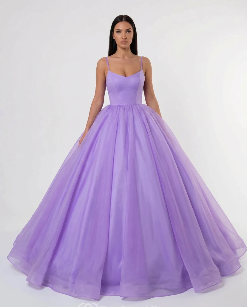 Lilac Tulle Ball Gown Prom Dress with Spaghetti Straps