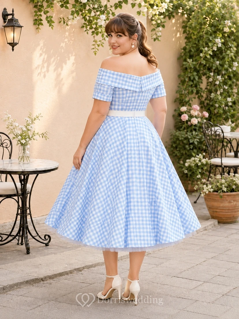 Sky schulterfreies, kurzärmeliges A-Linien-Picknickkleid aus Baumwolle in Teelänge mit Vichy-Karo view 2