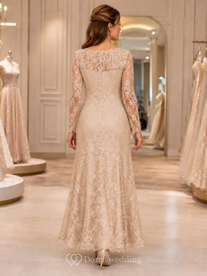 Champagne Long Sleeve Lace Mermaid Mother Tea Length Dress view 2