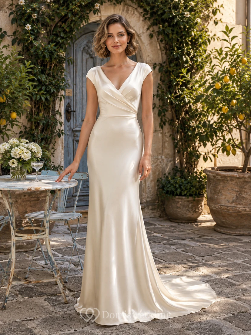 V Neck Cap Sleeve Satin French Courtyard Mermaid Gown