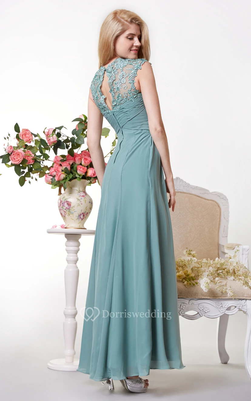 Graceful Cap-sleeved Empire Chiffon A-line Gown Lace Appliques view 4