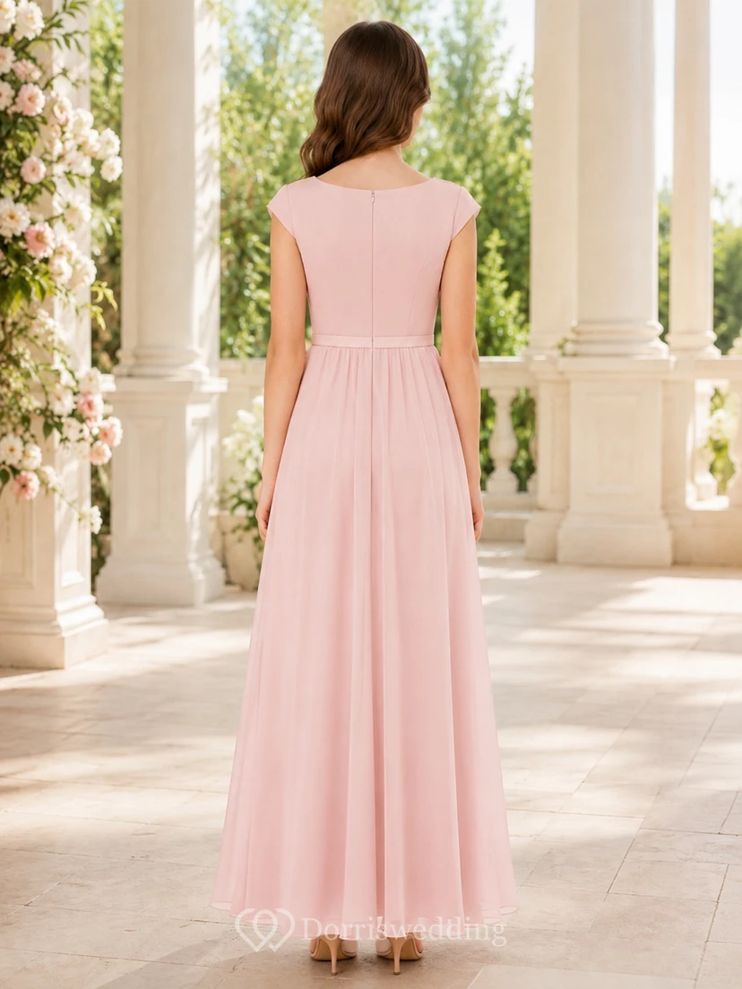 Elegantes, zartrosa Brautjungfernkleid in A-Linie mit Schmucksteinen und kurzen Ärmeln view 2