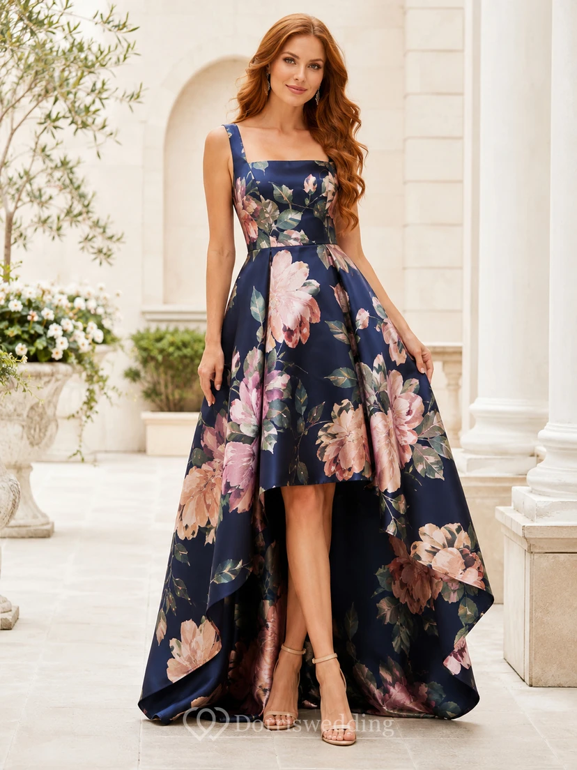 Navy Floral High Low Overskirt Garden Occasion Dress