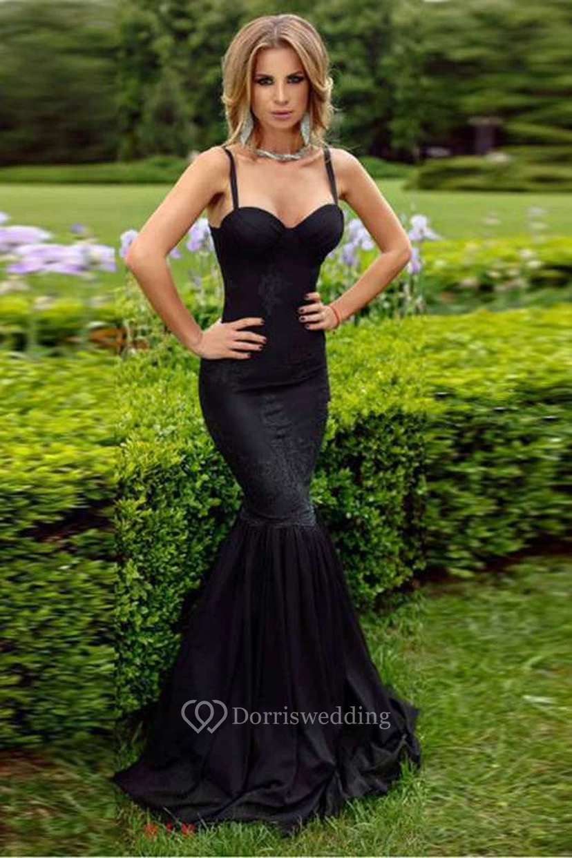 Spaghetti Strap Mermaid Pleated Jersey Dress With Lace Detailing