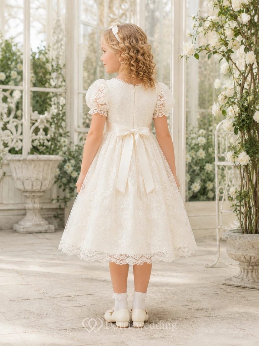 Blumenmädchenkleid aus elfenbeinfarbener Spitze, A-Linie, Puffärmel, Rundhalsausschnitt, Teelänge view 2