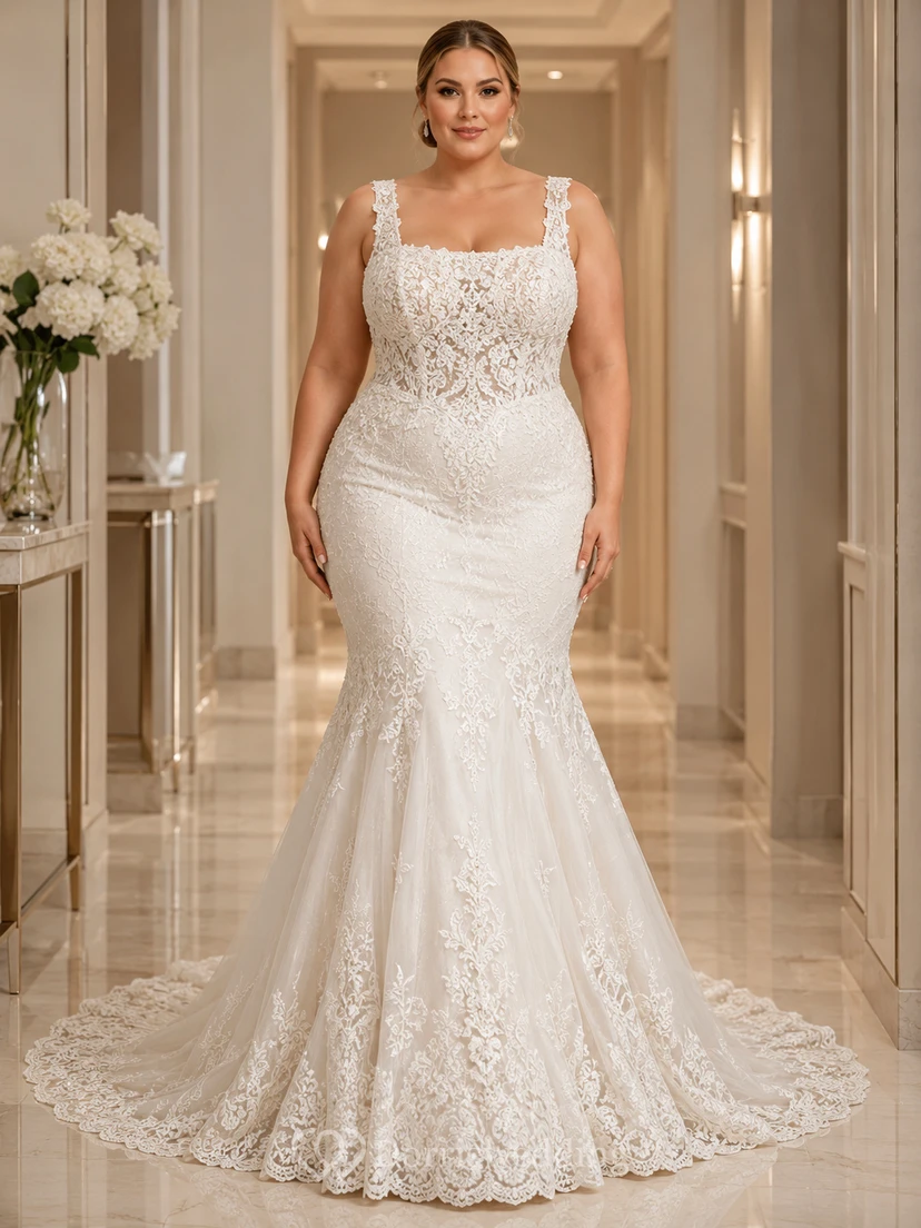 Robe de mariée sirène romantique grande taille en dentelle, décolleté en V plongeant, bretelles larges et encolure carrée, avec traîne chapelle